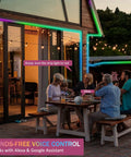 Family enjoying evening with 100Ft Outdoor RGB LED Strip Lights With WiFi IP65 Waterproof Alexa And Google Assistant Compatible
