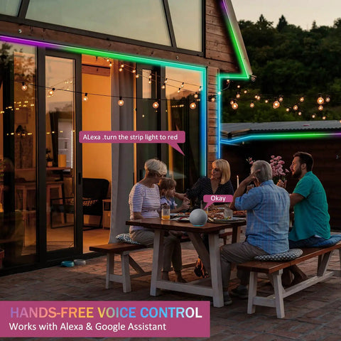 Family enjoying evening with 100Ft Outdoor RGB LED Strip Lights With WiFi IP65 Waterproof Alexa And Google Assistant Compatible