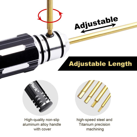 Close-up of Titanium Hex Screwdriver Set With 1.5mm 2.0mm 2.5mm 3.0mm Bits showing adjustable length feature and aluminum handle.