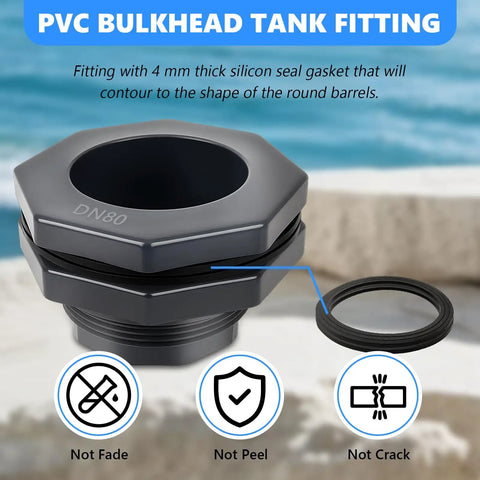 Heavy Duty Three Inch PVC Bulkhead Fitting Kit with Reinforced Seals for Water Tanks Aquariums Rain Barrels Pools, close-up view