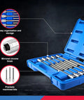Three Eighths Inch Drive Extra Long Allen Hex Bit Socket Set, Ten Piece, Metric Sizes From Three To Ten Millimeters, Six Inch Shaft Length, Premium S2 Steel Bits, Heavy Duty CR V Sockets, Built Tough, Rust Resistant, ANSI Compliant in open blue case showing organization, chrome finish, and machined bits.