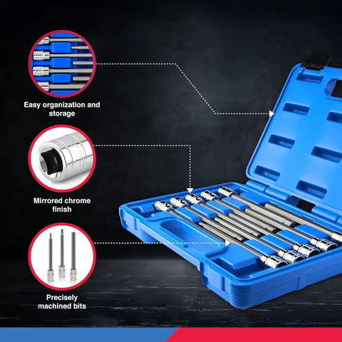 Three Eighths Inch Drive Extra Long Allen Hex Bit Socket Set, Ten Piece, Metric Sizes From Three To Ten Millimeters, Six Inch Shaft Length, Premium S2 Steel Bits, Heavy Duty CR V Sockets, Built Tough, Rust Resistant, ANSI Compliant in open blue case showing organization, chrome finish, and machined bits.