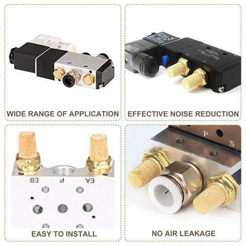 Pneumatic Exhaust Muffler With One Eighth Inch NPT Brass Heavy Duty Flow Control Silencer shown in multiple applications