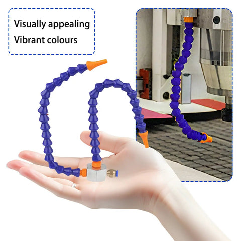 Rugged Shop Workhorse Machine Lubricator With Flexible Coolant Hose Adjustable Flow Control showing vibrant purple coolant hose in hand.
