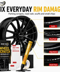 Heavy Duty Wheel Scratch Repair Kit For Curb Rash And Gloss Black Rim Touch Up Paint with gloss black wheel and repair tools.