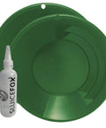 Dual-Sided Gold Panning Kit With Vanishing Riffles For Maximum Gold Recovery, green pans with 4 oz snifter bottle