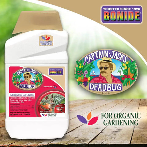 Deadbug Brew Insecticide Concentrate For Outdoor Gardens 32 oz bottle with organic label for pest control shown on wood surface