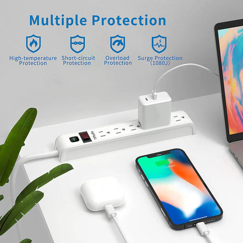 Six Outlet Surge Protector Power Strip With Four Foot Extension Cord, 600 Joules Surge Protection, in use on desk