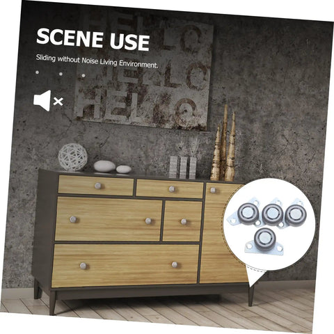 Set Of Four Heavy Duty Adjustable Sliding Door Rollers With Precision Bearings displayed in a modern living space with a wooden dresser.
