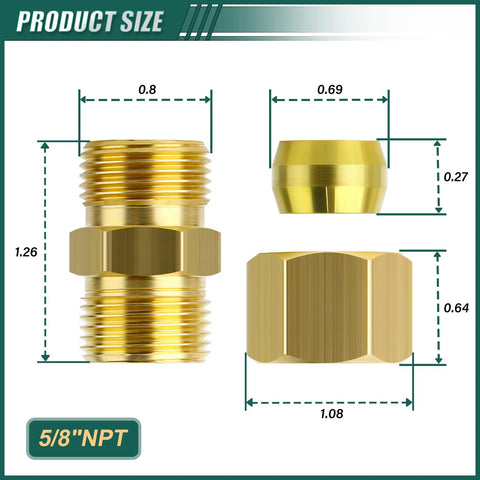 Brass compression tube coupler, 5/8 in OD, 3-pack with 5/8 in NPT threads for air, fuel, water, gas or oil lines