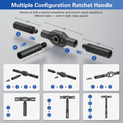 Diagram showing the 42 In 1 Magnetic Screwdriver Set With Detachable Ratchet Handle configurations and dimensions.
