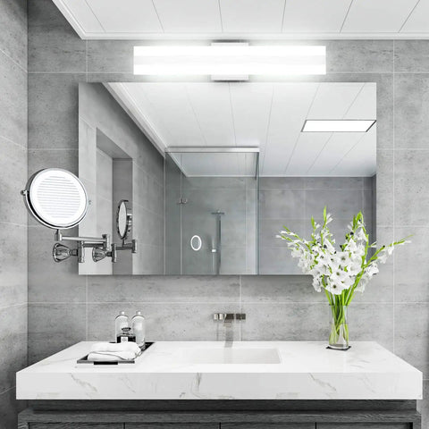 24W Up And Down LED Vanity Light In Brushed Silver Aluminum above bathroom mirror, sleek modern frosted white acrylic design