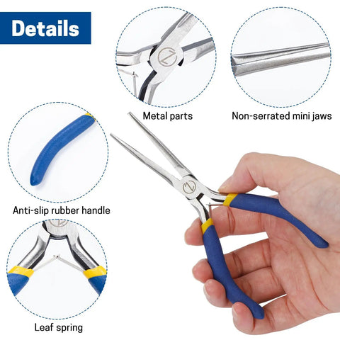 Close-up of 6 Inch Mini Needle Nose Pliers with blue anti-slip rubber handle, highlighting non-serrated jaws and durable metal parts.