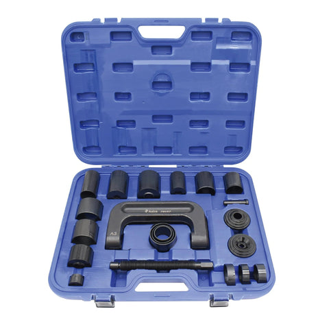 Front view of Astro Tools 78197 Goliath ball joint service tool set in blue case with adapters