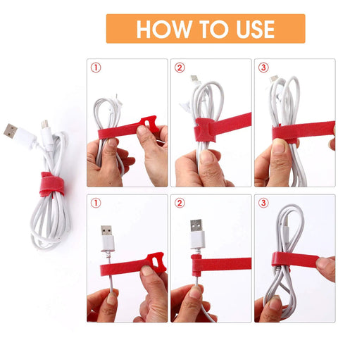 80 Pcs Reusable Cable Ties Set With 6 8 10 Inch Adjustable Wire Ties Hook And Loop Straps Cord Organizer Multicolor Pack In Five Colors Grab And Go Tidy Up Cables Perfect For DIY Office Home Cable Management showing red tie securing white USB cable