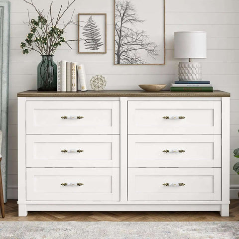 Six Pack Vintage Ceramic Drawer Knobs With 76 mm Spacing And Antique Bronze Finish Featuring Yellow Wheat Ear Print For Dead Simple Cabinet Install shown on a white dresser.
