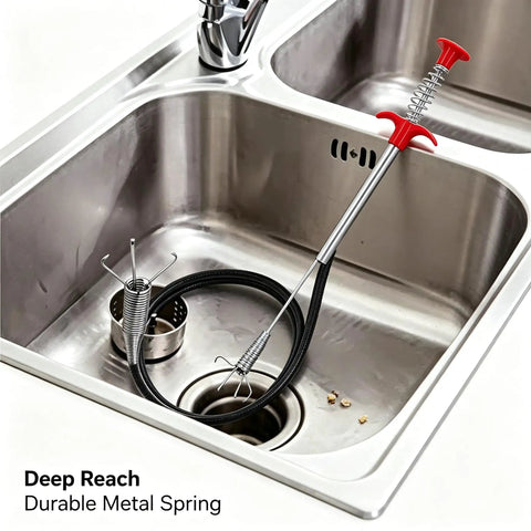 Heavy Duty Flexible Drain Clog Buster With 63 Inch Spring Steel Plumbing Snake four prong grabber claw in kitchen sink.