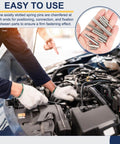 Person installing Slotted Spring Pin Set 50 Pack, 3.2mm By 35mm, 304 Stainless Steel Dowel Pins in car engine, inset showing pins.