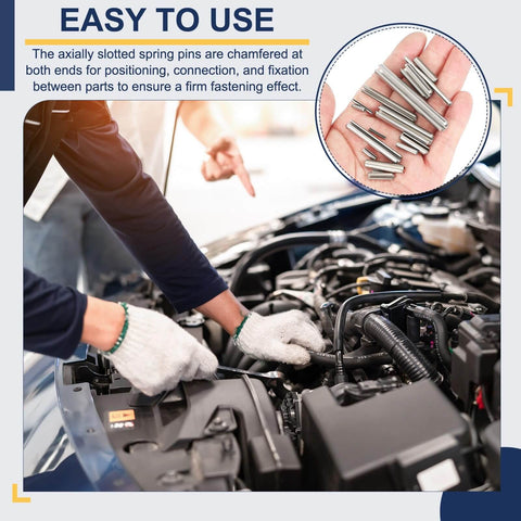 Person installing Slotted Spring Pin Set 50 Pack, 3.2mm By 35mm, 304 Stainless Steel Dowel Pins in car engine, inset showing pins.