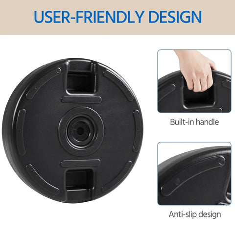 Top view of 22L Round Water And Sand Filled Umbrella Base Stand with built-in handle and anti-slip bottom, black design.