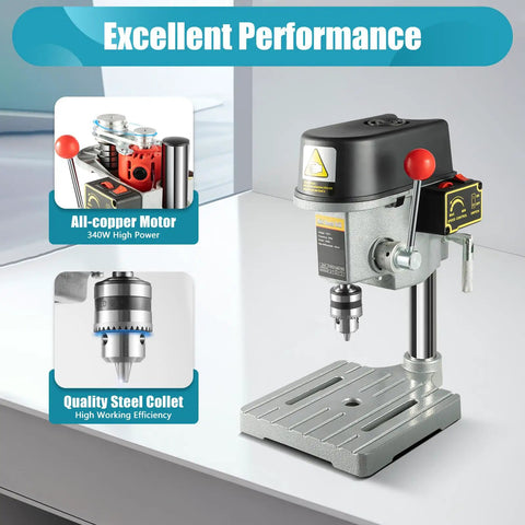Shop Rated 340 Watt 3 Speed Benchtop Drill Press Featuring Solid Cast Iron Table And Pure Copper Motor with quality steel collet.