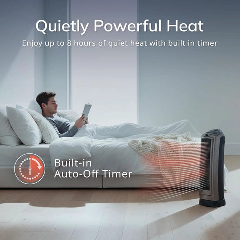 Man relaxing with an oscillating digital ceramic tower space heater providing even warmth in a bedroom, silver finish