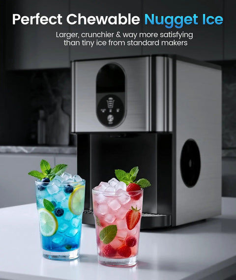 Nugget Ice Maker Countertop With Soft Chewable Ice, Delivers 44 Lbs A Day, Portable Pellet Ice Machine next to filled glasses.