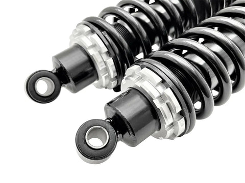 Rear Left And Right Street Rod Coil Over Shocks With Black Coated Springs 400 Pound Rate Smooth Ride And Precise Damping For Rear Suspension Five Eighth Inch Bolt Hole Beefed Up Street Performance Upgrade