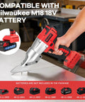Milwaukee M18 18V Battery Cordless Metal Shear Cutter with precision blade cutting through sheet metal on a workbench.