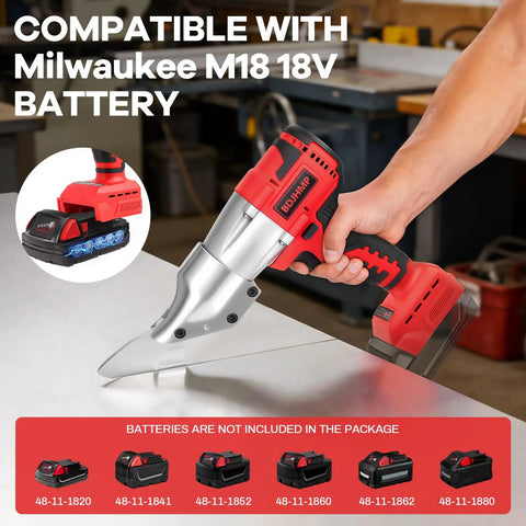 Milwaukee M18 18V Battery Cordless Metal Shear Cutter with precision blade cutting through sheet metal on a workbench.