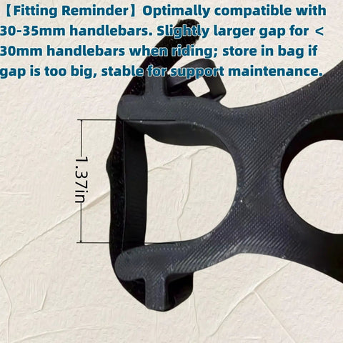 Close-up of Plug-And-Play Handlebar Mounted Bike Repair Stand showing 1.37" dimension and fit guide for 30-35mm handlebars.