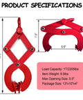 Red heavy-duty pallet puller clamp, 1T/2250 lb capacity, 5.5 inch jaw opening (front and side views)