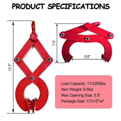 Red heavy-duty pallet puller clamp, 1T/2250 lb capacity, 5.5 inch jaw opening (front and side views)