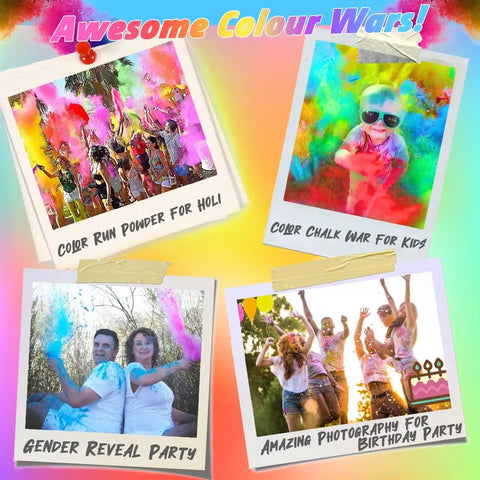 Bulk Holi Color Powder 40 Pound Kit In 8 Pack 5 Pound Each For Color Runs Smoke Powder Chalk Gender Reveal Fun Run Color Wars And Large Events Non Toxic Cornstarch Dyes For 100 Plus Participants - Colorful event photos of people enjoying powder.