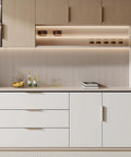 Kitchen with modern cabinets featuring champagne bronze cabinet pulls 3 inch finger pulls for cabinets 30 pack aluminum alloy hardware.