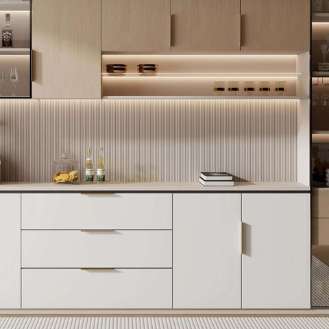 Kitchen cabinets with 5 Inch Cabinet Pulls 30 Pack Aluminum Alloy Finger Drawer Handles For Dresser And Cupboard, bronze finish.