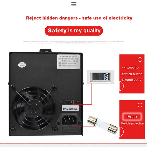 Back view of Variable DC Power Supply 0 To 30V 10A Bench Regulated Switching Power Supply with safety warning and fuse details.
