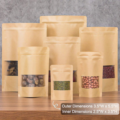Grab And Go Mini Kraft Paper Bags With Resealable Zipper And Clear Window, 300 Count Stand Up Food Pouches For Snacks And Party Favorites, Sturdy Gusseted Construction With Waterproof Liner