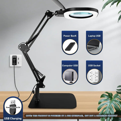 15X Floor And Desk Magnifying Glass With Light USB charging options on desk