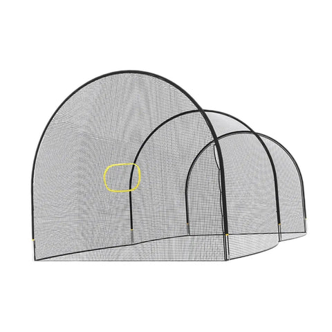 Portable 22ft black baseball batting cage net with fiberglass poles and polyester netting for backyard practice