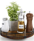Round Walnut Wood Go To Lazy Susan Turntable Organizer with spices and decor in farmhouse style, on countertop or table.