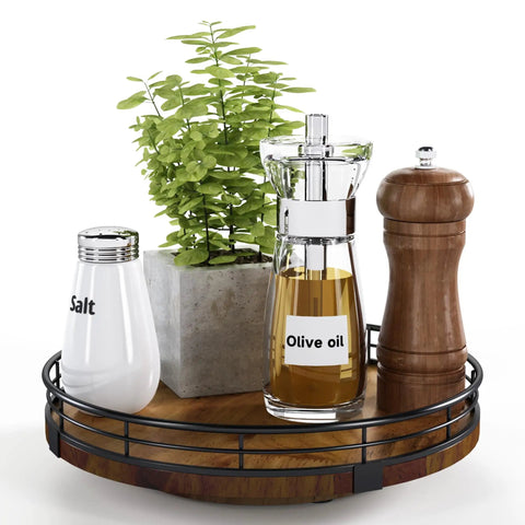 Round Walnut Wood Go To Lazy Susan Turntable Organizer with spices and decor in farmhouse style, on countertop or table.