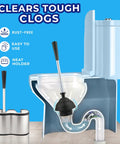 Illustration of toilet use with toilet brush and plunger set 18 inch no rust stainless steel design with long handles and freestanding canister.