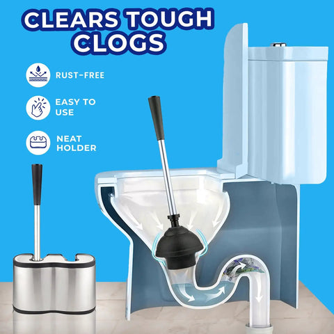 Illustration of toilet use with toilet brush and plunger set 18 inch no rust stainless steel design with long handles and freestanding canister.