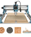 Genmitsu 4040-PRO MAX CNC router on blue frame; four sample parts: wooden bowl, metal disc, wooden grid, boat model.