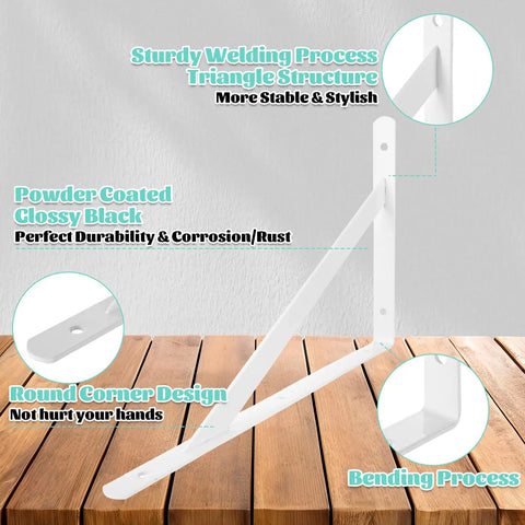 Heavy Duty White Shelf Brackets 10 Inch L Shaped Shelf Support Set With Screws And Anchors 12 Pack shown with welding and corner design