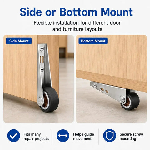 Side and bottom mount options for Dead Nuts Heavy Duty Vertical Track Roller Wheels With Quiet Rubber Casters And Zero Wobble Glide.