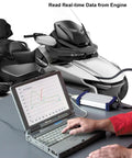 Laptop showing engine data with 6Pin To 16Pin Motorcycle OBD Diagnostic Cable Adapter For OBD2 OBDII Systems on a motorcycle