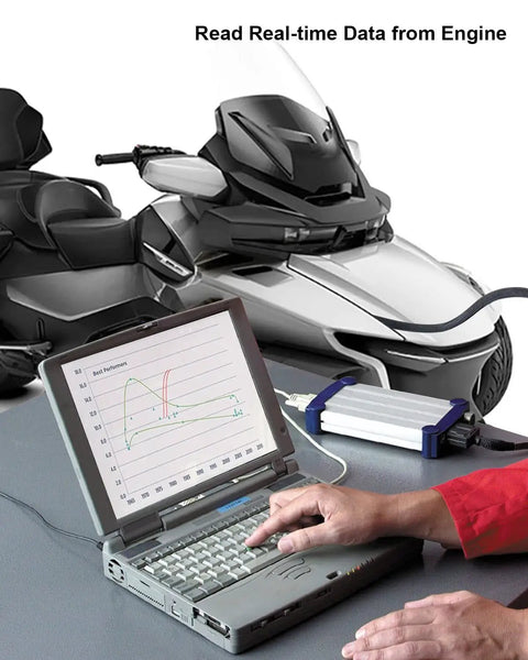 Laptop showing engine data with 6Pin To 16Pin Motorcycle OBD Diagnostic Cable Adapter For OBD2 OBDII Systems on a motorcycle