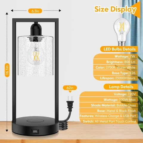 Wireless Charging Touch Control Table Lamp Set Of 2 With USB Port Dimmable Bedside Lamps Industrial Desk Lighting